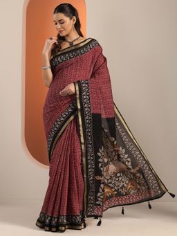 Libas - Womens Red Printed Cotton Blend Saree with Unstitched Blouse