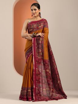 Libas - Womens Mustard Printed Cotton Blend Saree with Unstitched Blouse