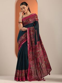 Libas - Womens Teal Printed Cotton Blend Saree with Unstitched Blouse