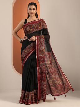 Libas - Womens Black Printed Cotton Blend Saree with Unstitched Blouse