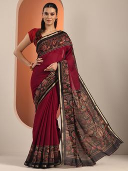 Libas - Womens Maroon Printed Cotton Blend Saree with Unstitched Blouse