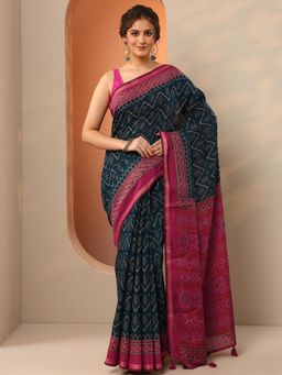 Libas - Womens Teal Printed Cotton Blend Saree with Unstitched Blouse