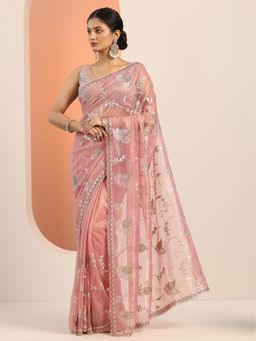Libas - Womens Pink Embroidered Net Saree with Unstitched Blouse