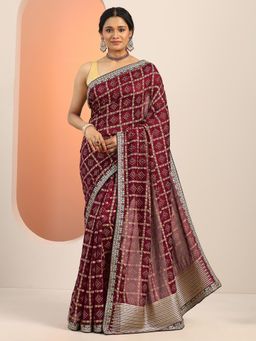 Libas - Womens Maroon Printed Silk Blend Saree with Unstitched Blouse