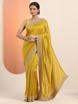 Libas - Womens Yellow Embellished Silk Blend Saree with Unstitched Blouse