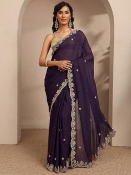 Libas - Womens Purple Embroidered Silk Blend Saree with Unstitched Blouse