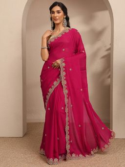 Libas - Womens Pink Embroidered Silk Blend Saree with Unstitched Blouse