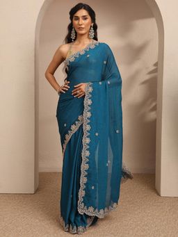 Libas - Womens Blue Embroidered Silk Blend Saree with Unstitched Blouse