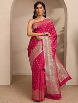 Libas - Womens Red Woven Silk Blend Saree with Unstitched Blouse
