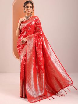 Libas - Womens Red Woven Design Silk Blend Saree with Unstitched Blouse