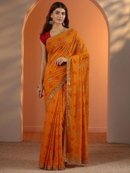 Libas - Womens Mustard Printed Pure Georgette Saree with Unstitched Blouse