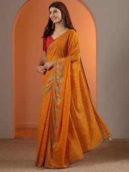 Libas - Womens Mustard Printed Pure Georgette Saree with Unstitched Blouse