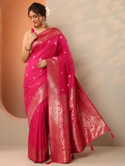 Libas - Womens Pink Woven Design Silk Blend Saree with Unstitched Blouse