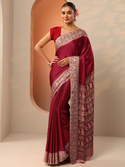 Libas - Womens Red Printed Satin Saree with Unstitched Blouse