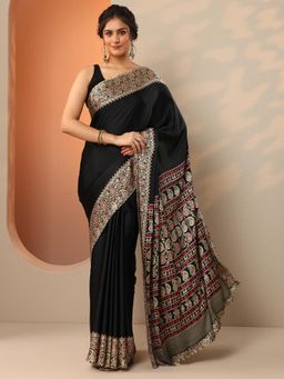 Libas - Womens Black Printed Satin Saree with Unstitched Blouse