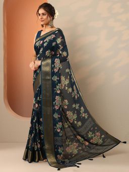 Libas - Womens Navy Blue Floral Printed Pure Georgette Saree with Unstitched Blouse