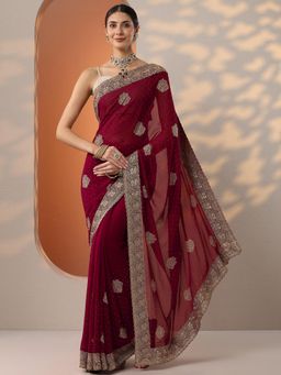Libas - Womens Red Embroidered Pure Georgette Saree with Unstitched Blouse