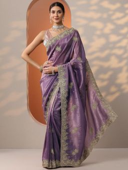 Libas - Womens Purple Embroidered Organza Saree with Unstitched Blouse