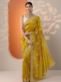 Libas - Womens Mustard Embroidered Organza Saree with Unstitched Blouse