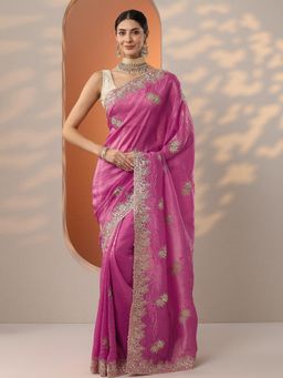 Libas - Womens Pink Embroidered Organza Saree with Unstitched Blouse