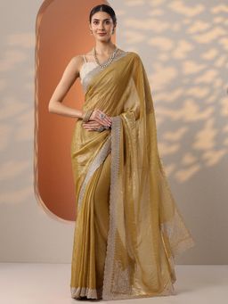 Libas - Womens Mustard Embroidered Organza Saree with Unstitched Blouse