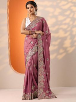 Libas - Womens Pink Embroidered Silk Blend Saree with Unstitched Blouse