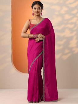 Libas - Womens Pink Solid Silk Blend Saree with Unstitched Blouse