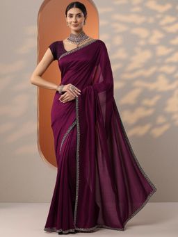 Libas - Womens Burgundy Solid Silk Blend Saree with Unstitched Blouse