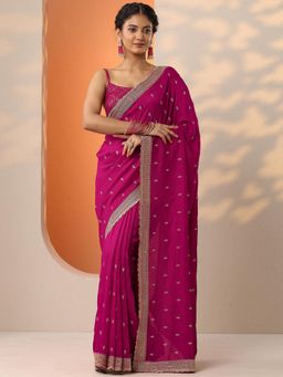 Libas - Womens Pink Embellished Silk Blend Saree with Unstitched Blouse