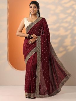 Libas - Womens Maroon Embellished Silk Blend Saree with Unstitched Blouse