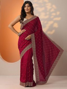 Libas - Womens Red Embellished Silk Blend Saree with Unstitched Blouse