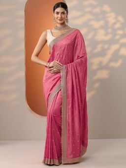 Libas - Womens Pink Embellished Silk Blend Saree with Unstitched Blouse