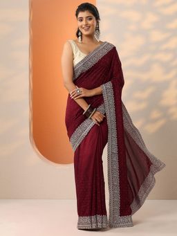 Libas - Womens Maroon Embellished Silk Blend Saree with Unstitched Blouse