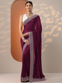 Libas - Womens Burgundy Embellished Silk Blend Saree with Unstitched Blouse