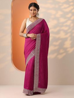 Libas - Womens Pink Embellished Silk Blend Saree with Unstitched Blouse