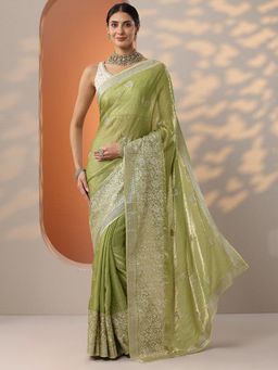Libas - Womens Green Embellished Organza Saree with Unstitched Blouse
