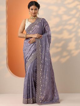 Libas - Womens Purple Embroidered Organza Saree with Unstitched Blouse