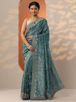 Libas - Womens Blue Embroidered Organza Saree with Unstitched Blouse