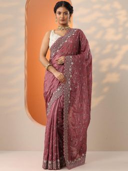 Libas - Womens Mauve Embroidered Organza Saree with Unstitched Blouse