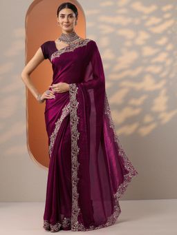 Libas - Womens Burgundy Embellished Organza Saree with Unstitched Blouse