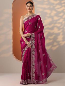 Libas - Womens Pink Embroidered Organza Saree with Unstitched Blouse