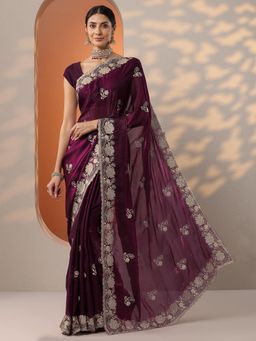 Libas - Womens Burgundy Embroidered Organza Saree with Unstitched Blouse