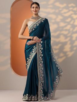 Libas - Womens Blue Embroidered Organza Saree with Unstitched Blouse