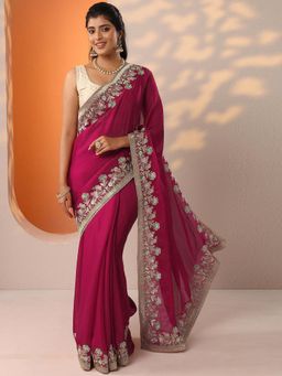 Libas - Womens Pink Embroidered Organza Saree with Unstitched Blouse