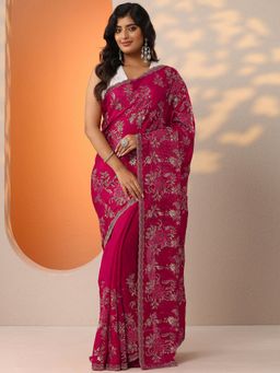 Libas - Womens Pink Embroidered Organza Saree with Unstitched Blouse