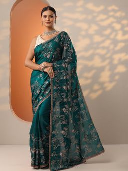 Libas - Womens Green Embroidered Organza Saree with Unstitched Blouse