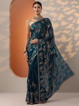 Libas - Womens Blue Embroidered Organza Saree with Unstitched Blouse