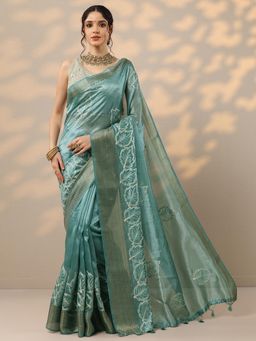 Libas - Womens Blue Embroidered Silk Blend Saree with Unstitched Blouse