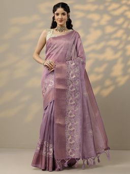 Libas - Womens Lavender Embroidered Silk Blend Saree with Unstitched Blouse