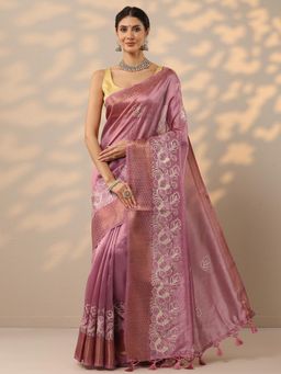 Libas - Womens Pink Embroidered Silk Blend Saree with Unstitched Blouse